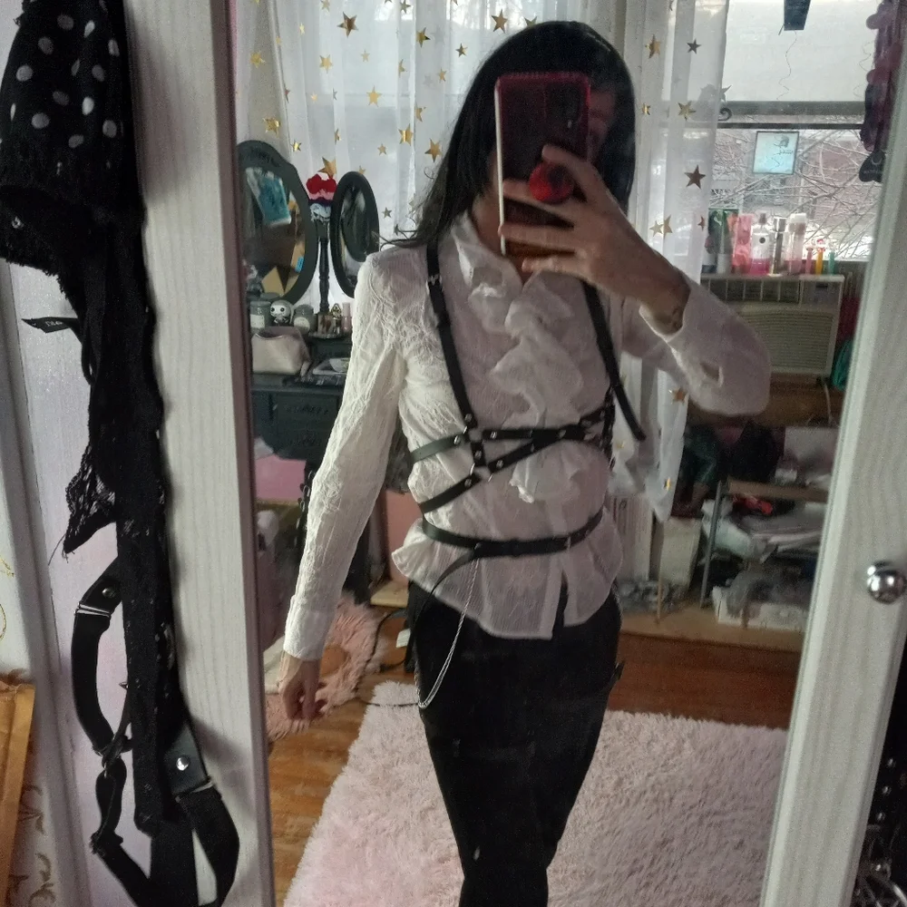 Black vegan leather dbl thigh garter harness w/chain & belt! Bondage - Picture 2 of 16